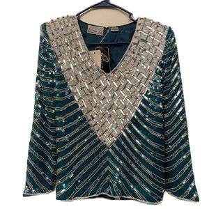 Rina Z Vintage Turquoise and White Sequin size M Blouse